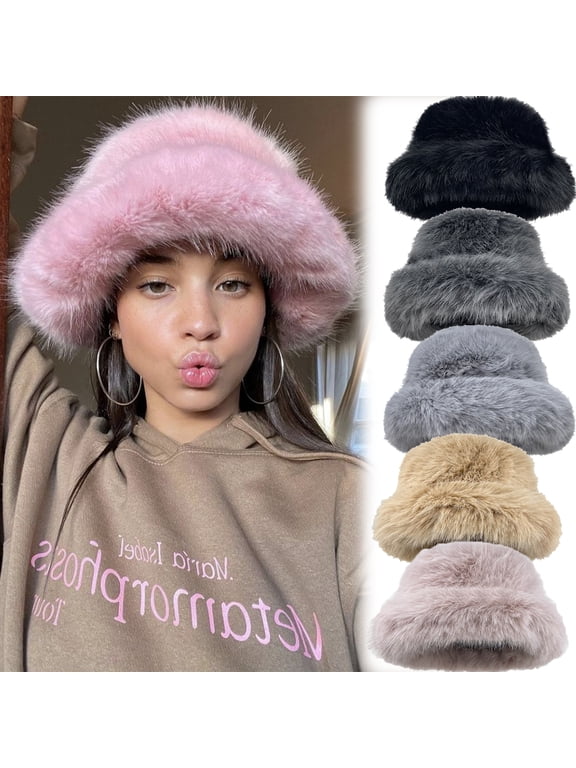 Winter Bucket Hat Fluffy Faux Fur Fisherman Plush Warm Hats Cute Fuzzy Bucket Hat for Women