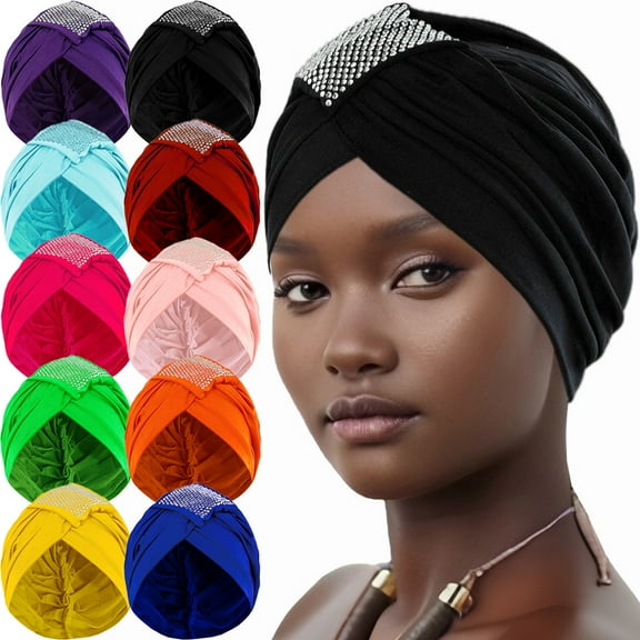 Dalrosia Women African Turban Pre-Tied Twisted Beanie Cap Headwear Rhinestone Soft Stretchy Head Turbans