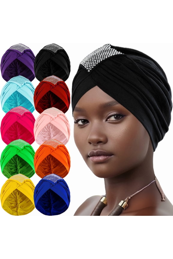Women African Turban Pre-Tied Twisted Beanie Cap Headwear Rhinestone Soft Stretchy Head Turbans