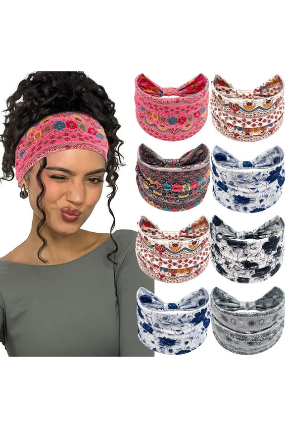Women Boho HeadbandsWide Twist Knotted Elastic Non-Slip Head Band Soft Floral Pattern Headwraps for Yoga Gym
