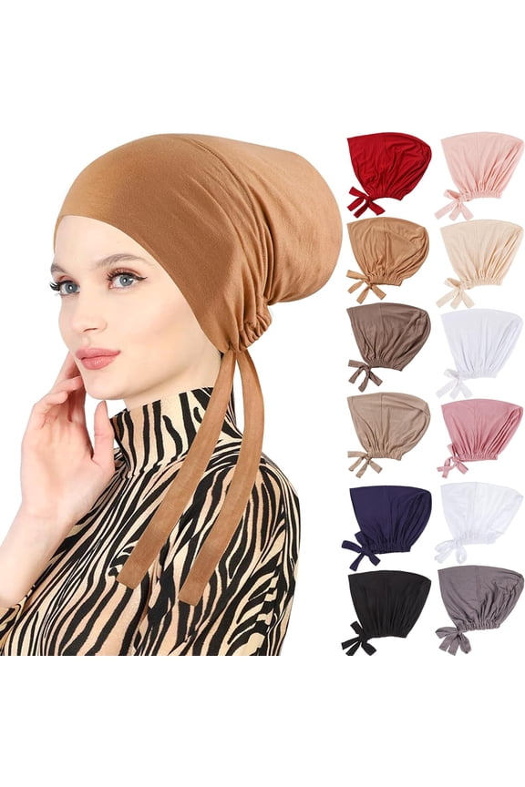 Women Hijab Undercap, Islamic Muslim Under Hijab Cap Inner Under Scarf Hat Turban with Tie Back Closure