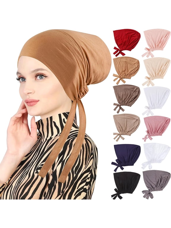 Women Hijab Undercap, Islamic Muslim Under Hijab Cap Inner Under Scarf Hat Turban with Tie Back Closure