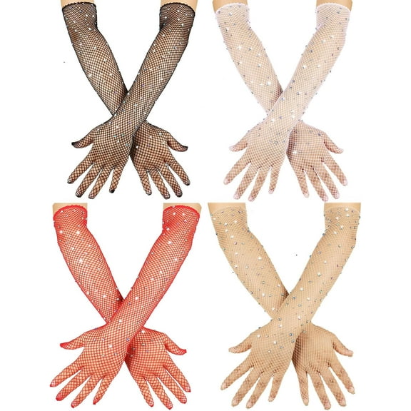 Dalrosia Women Rhinestone Fishnet Long Gloves Mesh Sparkly Glitter Fashion Opera Gloves For Party Halloween Costumes Accessories