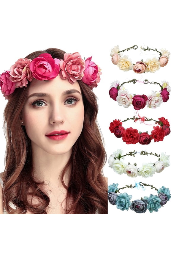 Dalrosia Women Rose Floral Crown Hair Wreath Leave Flower Headband with Adjustable Ribbon