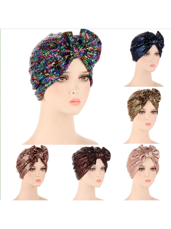 Women Sparkle Sequin African Turban Bow Knot Pre-Tied Cap Pleated Ruffle Bonnet Beanie Hat Headwrap Skull Caps