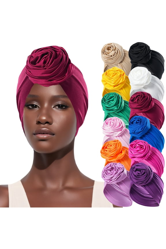 Women Turban Flower Headband Elastic Cap Pre-Tied Scarf Bonnet Beanie Headwrap