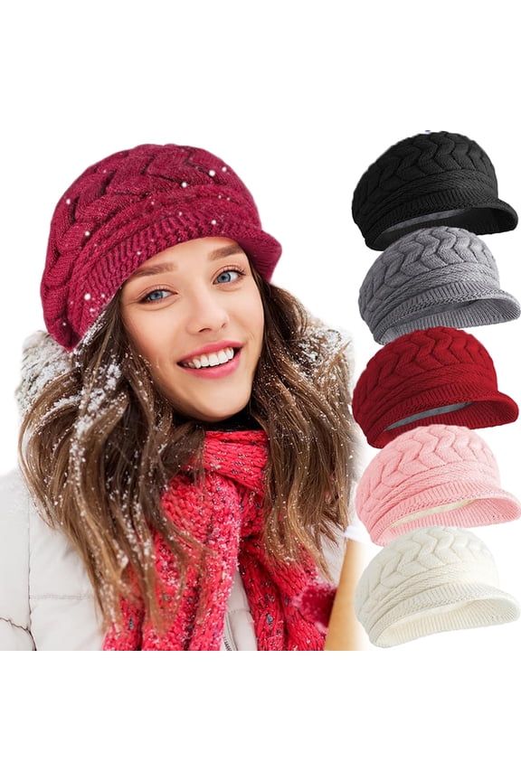Women Winter Warm Knit Hat Slouchy Beanie Cap Wool Snow Ski Caps with Visor