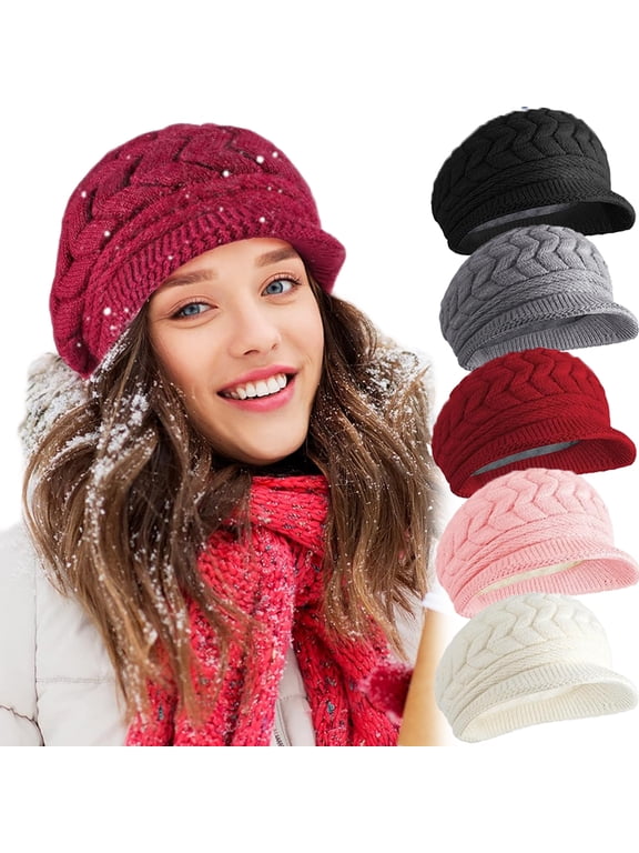 Women Winter Warm Knit Hat Slouchy Beanie Cap Wool Snow Ski Caps with Visor