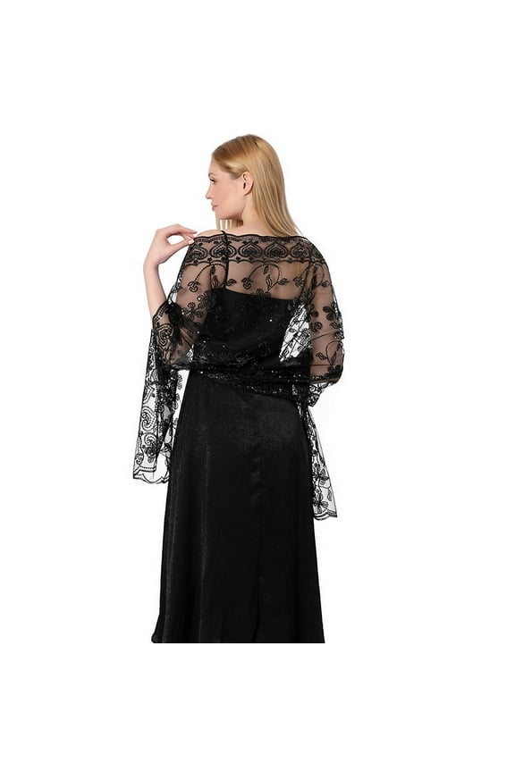 Women's Glittering 1920s Shawl Scarf Mesh Sequin Wedding Bridal Cape Fringed Evening Wraps Shawls