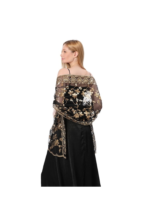 Women's Glittering 1920s Shawl Scarf Mesh Sequin Wedding Bridal Cape Fringed Evening Wraps Shawls