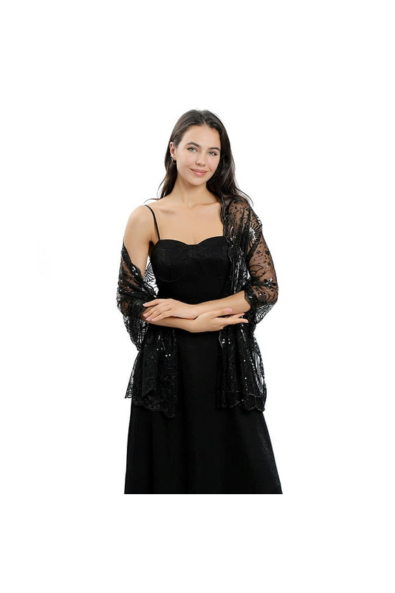 Women's Glittering Shawl Scarf Mesh Sequin Wedding Bridal Cape Fringed Evening Wraps Shawls