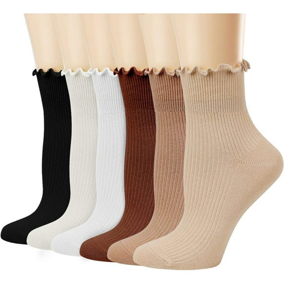Dalrosia Women's Ruffle Socks 6Pairs Casual Cute Ankle Socks Breathable Knit Cotton Warm Soft Frilly Crew Socks for Women