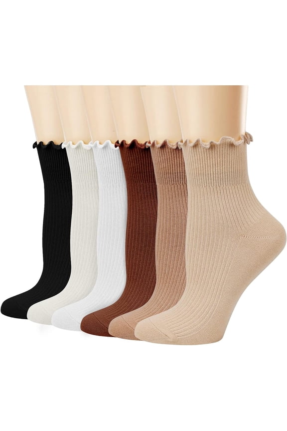Women's Ruffle Socks 6Pairs Casual Cute Ankle Socks Breathable Knit Cotton Warm Soft Frilly Crew Socks for Women