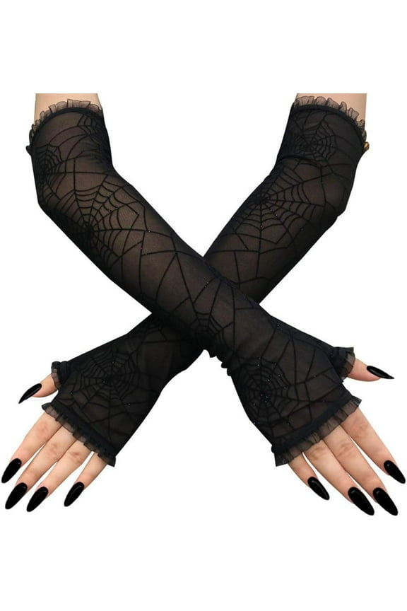 Women's Spider Web Lace Fingerless Glove Glitter Black Fingerless Gloves for Halloween Cosplay Costume Accessories