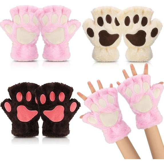 Dalrosia Womens Cat Paw Gloves Winter Plush Faux Fur Cute Halloween Kitten Fingerless Mittens