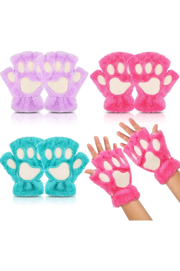 Womens Cat Paw Gloves Winter Plush Faux Fur Cute Halloween Kitten Fingerless Mittens
