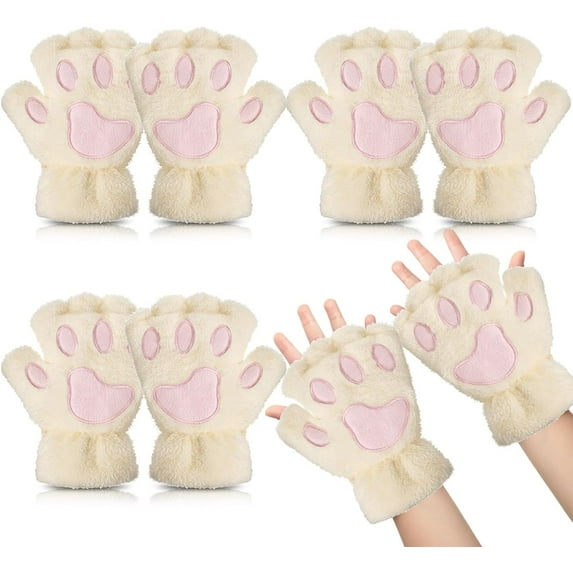 Dalrosia Womens Cat Paw Gloves Winter Plush Faux Fur Cute Halloween Kitten Fingerless Mittens