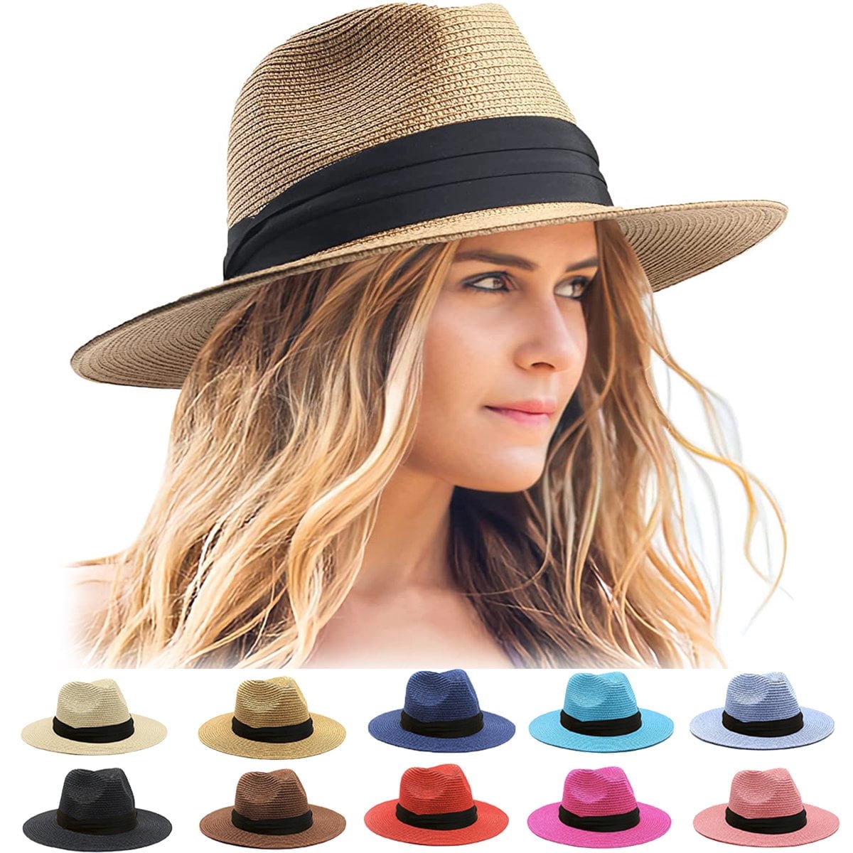 Vorkoi Women's Wide Brim Straw Panama Hat Fedora Summer Sun Hat UPF — free download