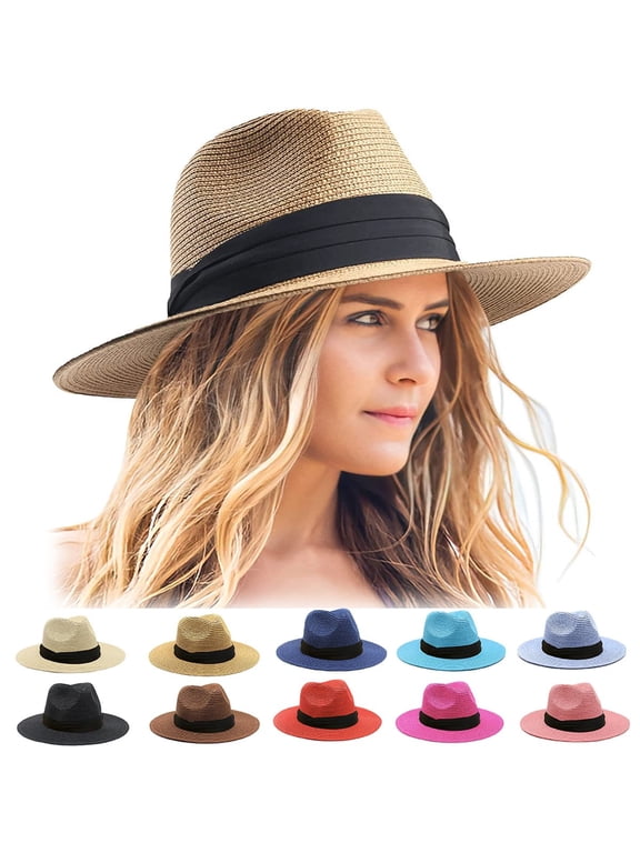 Womens Mens Wide Brim Straw Panama Hat Fedora Summer Beach Sun Hat UPF Straw Hat for Women