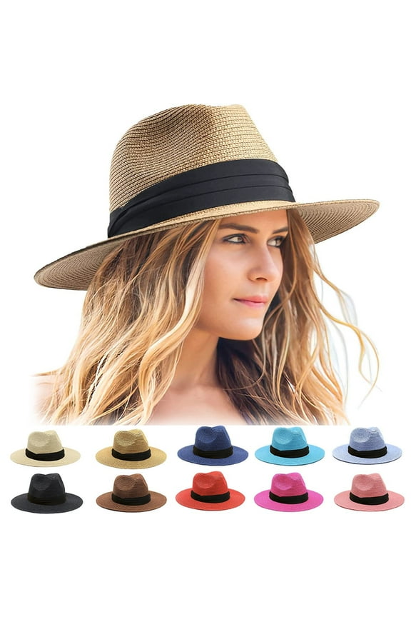 Womens Mens Wide Brim Straw Panama Hat Fedora Summer Beach Sun Hat UPF Straw Hat for Women