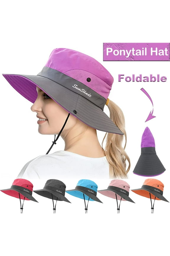 Womens Ponytail Wide Brim Sun Hat Packable UV Protection Beach Cap for Fishing & Hiking