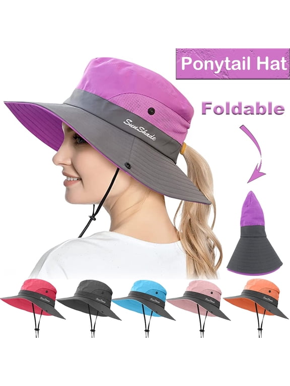 Womens Ponytail Wide Brim Sun Hat Packable UV Protection Beach Cap for Fishing & Hiking