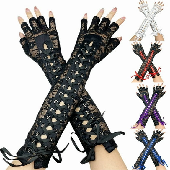 Dalrosia Womens Sexy Elbow Length Punk Fingerless Lace Up Arm Warmer Lace Gloves