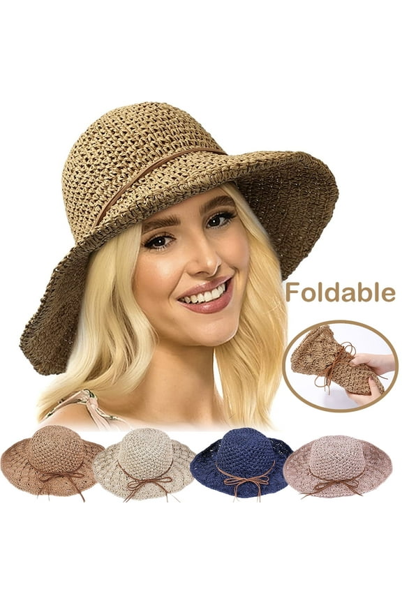 Womens Sun Hats Wide Brim Summer Beach Hat for Women Foldable Travel Straw Hat UPF50+