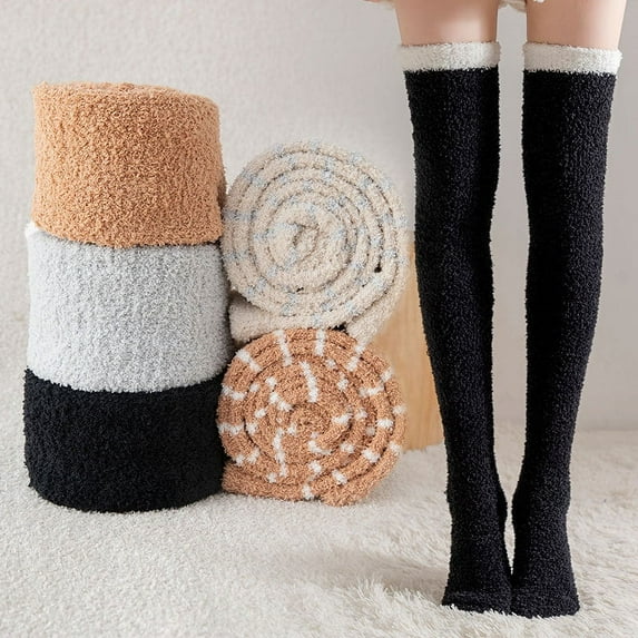 Dalrosia Womens Thigh High Fuzzy Socks Cute Over the Knee Stockings Winter Warm Stripe Leg Warmers