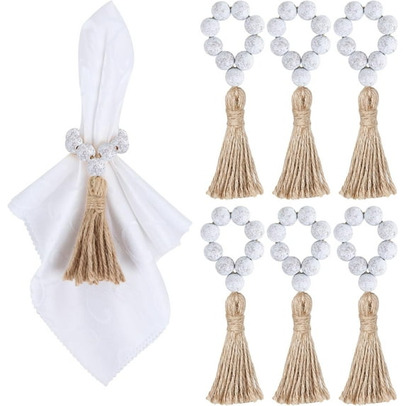 Dalrosia Wooden Bead Napkin Rings, Farmhouse Stretchable Napkin Rings with Tassel Boho Napkin Rings for Dining Table,Wedding Decoration