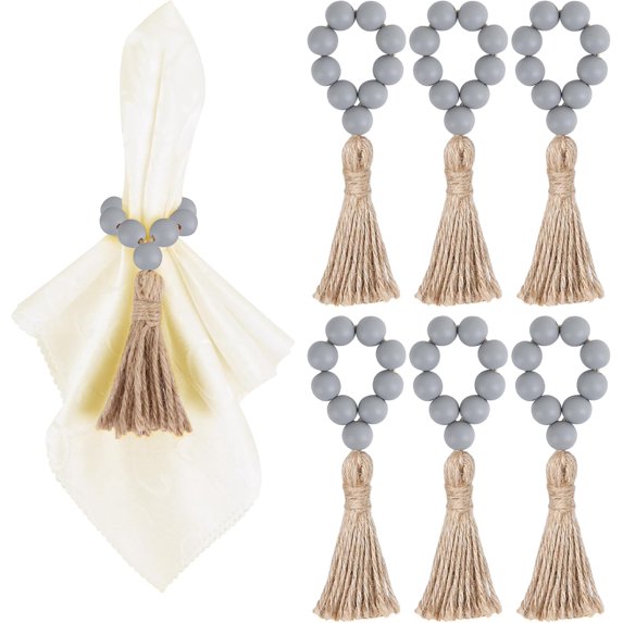 Dalrosia Wooden Bead Napkin Rings, Farmhouse Stretchable Napkin Rings with Tassel Boho Napkin Rings for Dining Table,Wedding Decoration