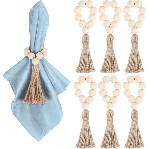 Dalrosia Wooden Bead Napkin Rings, Farmhouse Stretchable Napkin Rings with Tassel Boho Napkin Rings for Dining Table,Wedding Decoration