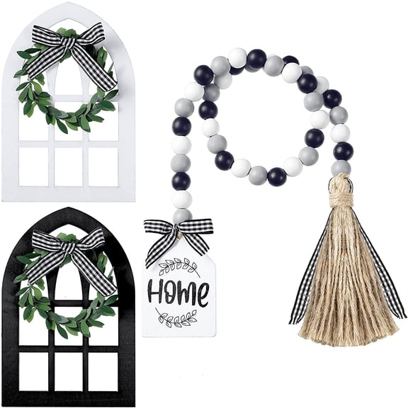 Dalrosia Wooden Farmhouse Tiered Tray Decor Wooden Rustic Mount Frames and Black White Bead Garland with Tassel Plaid Rustic Farmhouse Decor
