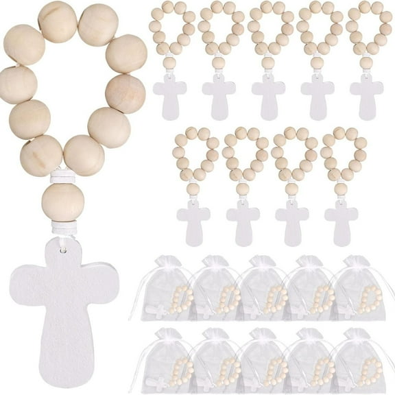 Dalrosia Wooden Rosary Beads with Cross Pendant and White Mesh Bags, Rosary Favors for Baptism, First Communion, Confirmation, Baby Shower, Christening