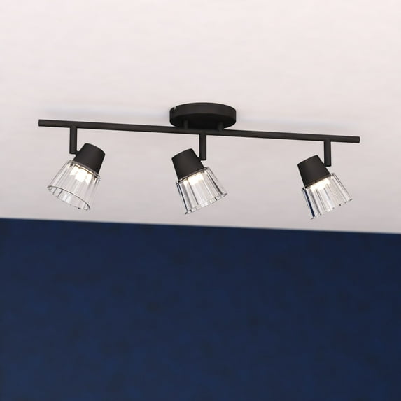 Dalton 23 in. Wide Matte Black Transitional Ceiling Track Lighting Fixture Kit with 3-Adjustable Light Heads, Clear Ribbed Glass Shade, Dimmable, Integrated LED, Semi Flush Mount Spot Light Bar