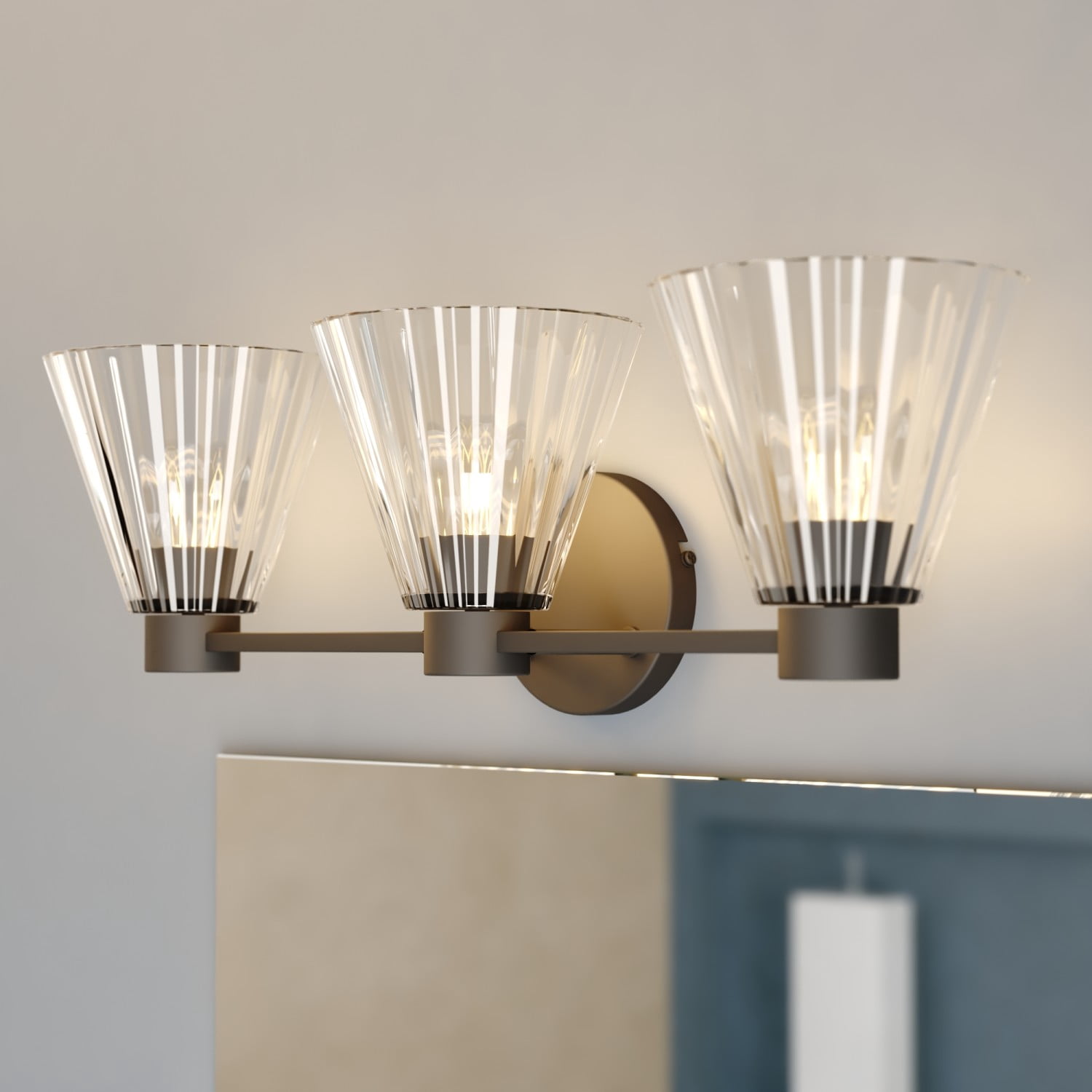 Dalton 3-Light 25.5 in. Wide Matte Black Transitional Bathroom Vanity Lighting Fixture, Clear Ribbed Cone Glass Shade, Dimmable, LED Compatible, Over the Mirror Mounted Steel Wall Sconce