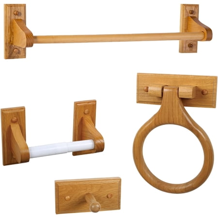 Dalton 4-Piece Bathroom Accessory Set, Honey Oak, Includes Towel Bar, Towel Ring, Toilet Paper Holder, and Robe Hook – , 561258