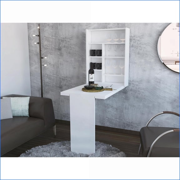 Dalton Foldable Wall-Mounted Table with 7-Shelf Hutch | White | Engineered Wood