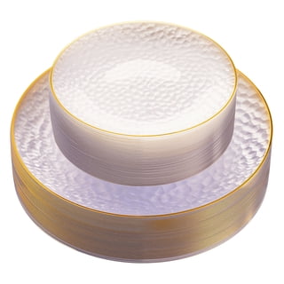 Daluvenix 100 Pcs Gold Plastic Plates for 50 Guests, Clear Gold Rimmed Disposable Dinnerware Set, Hammer Pattern Design & Heavy-duty Fancy Disposable Plate Ideal for Party, Wedding and Graduation