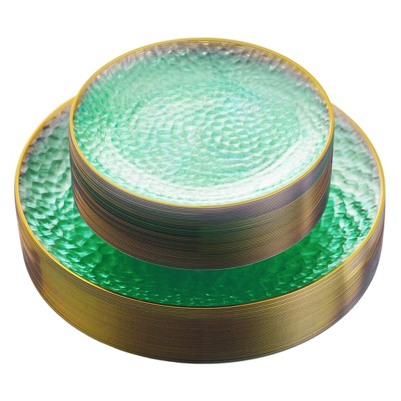 Daluvenix 100 Pcs Green Plastic Plates for 50 Guests, Clear Gold Rimmed Disposable Dinnerware Set, Hammer Pattern Design & Heavy-duty Fancy Disposable Plate Ideal for Party, Wedding and Graduation