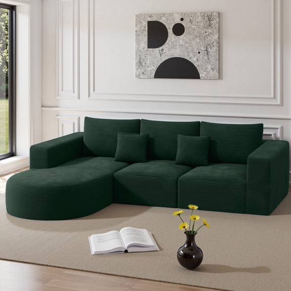 Daluvenix 104" Modular Sectional Sofa, Corduroy Deep Seat Cloud Couch, Convertible Sofa Bed with Chaise for Living Room, Green