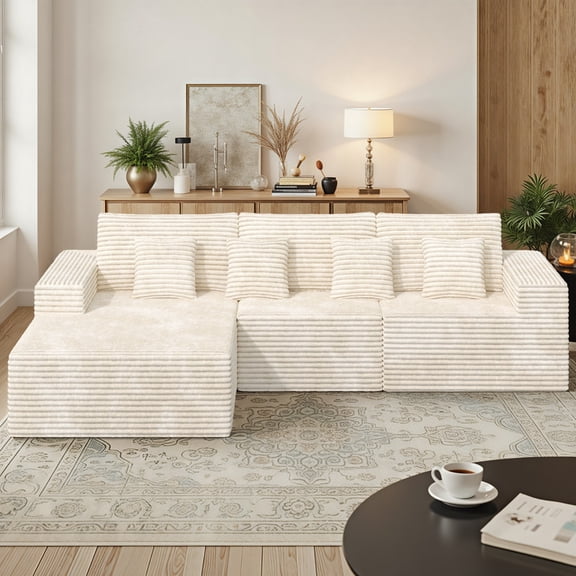 Daluvenix 111” Modular Sectional Sofa, Cloud Sectional Couch with L-Shape Chaise, Upholstered Comfy Deep Seat Couch for Living Room Bedroom, No Assembly Required, Beige(corduroy Fabric)