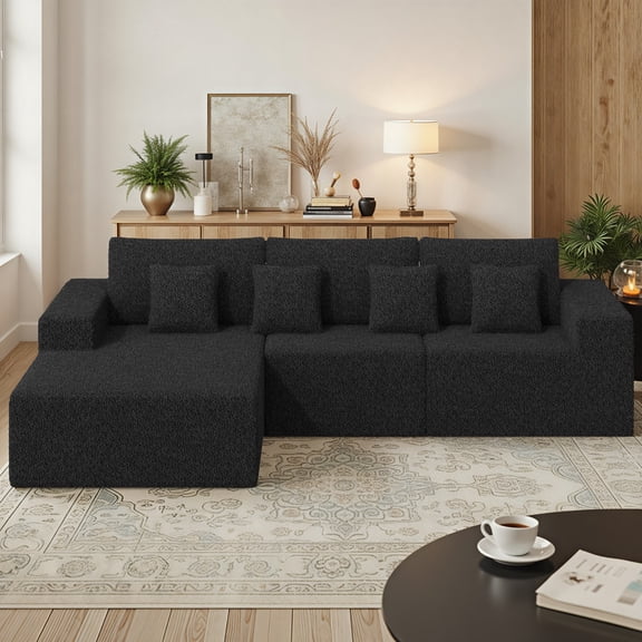 Daluvenix 111” Modular Sectional Sofa, Cloud Sectional Couch with L-Shape Chaise, Upholstered Comfy Deep Seat Couch for Living Room Bedroom, No Assembly Required, Black(sherpa Fabric)