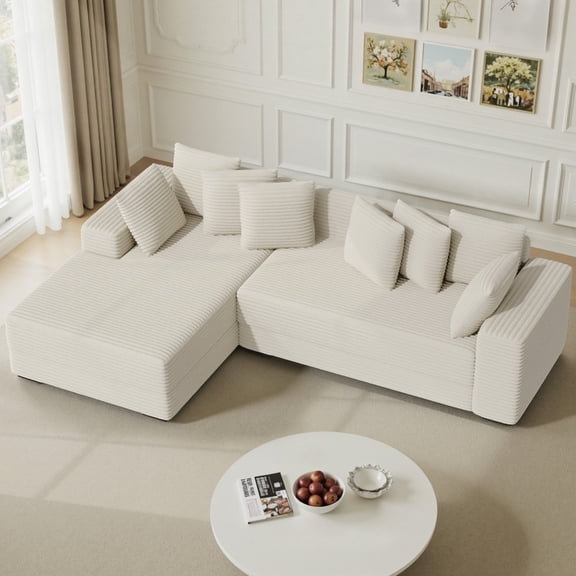 Daluvenix 111''Sectional Cloud Couches L-Shaped Oversized Loveseat Corduroy Couch with Reversible Chaise and 8PC Pillows for Living Room Beige