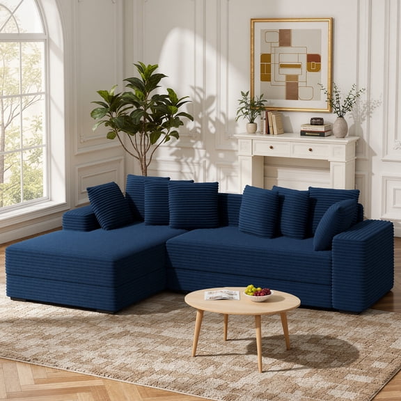 Daluvenix 111''Sectional Cloud Couches L-Shaped Oversized Loveseat Corduroy Couch with Reversible Chaise and 8PC Pillows for Living Room Blue