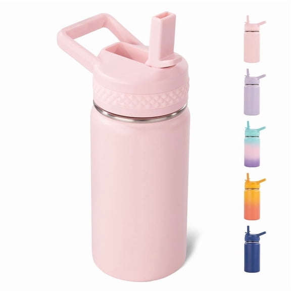 Daluvenix 12 oz Kids Water Bottle, Toddler Water Bottle 2-in-1 Straw and Chug, Stainless Steel Insulated Bottle for Kids, BPA-Free, Leak-Proof, Pink