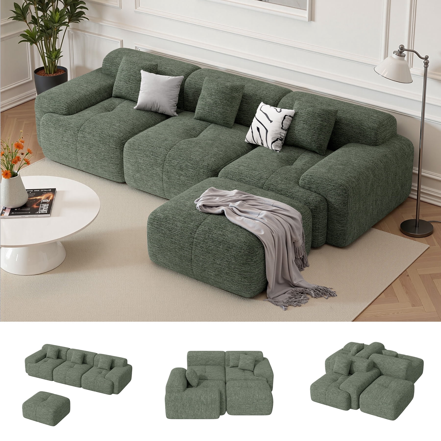 Daluvenix 122" Modern L Shaped Modular Sectional Sofa, Chenille Modular Cloud Couch for Living Room with Deep Seat, 4 Seater Convertible Cloud Couch Sofa Set, No Assembly Required, Green