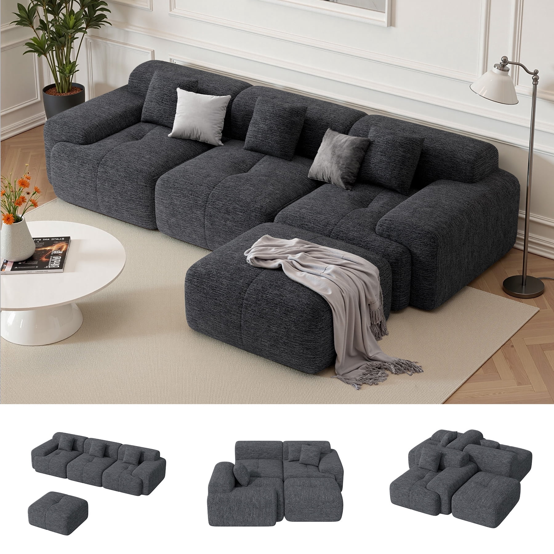 Daluvenix 122" Modern L Shaped Modular Sectional Sofa, Chenille Modular Cloud Couch for Living Room with Deep Seat, 4 Seater Convertible Cloud Couch Sofa Set, No Assembly Required, Black