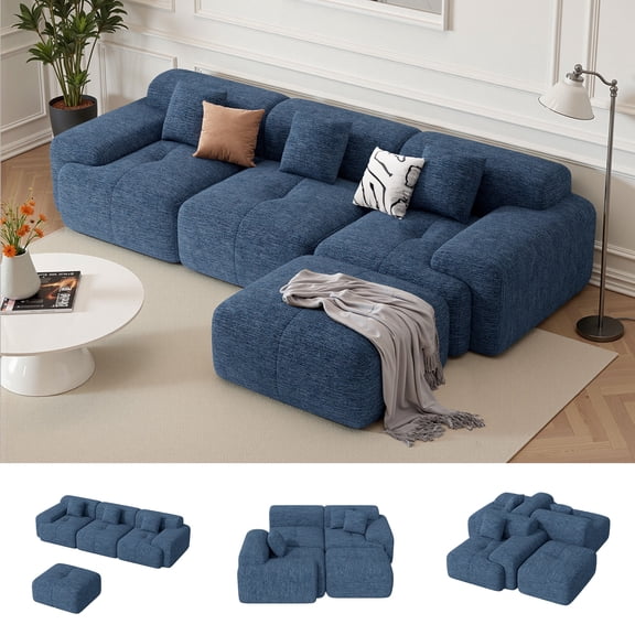 Daluvenix 122" Modern L Shaped Modular Sectional Sofa, Chenille Modular Cloud Couch for Living Room with Deep Seat, 4 Seater Convertible Cloud Couch Sofa Set, No Assembly Required, Blue