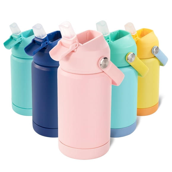 Daluvenix Kids Water Bottle with Straw Lid 12oz，Leakproof toddler Water Bottle for School, Insulated Stainless Steel Water Bottles for Kids BPA Free, Pink